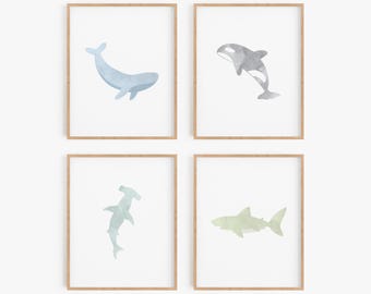 Ocean Nursery Art - Whale and Shark Art Print Set of 4 - Choose Framed or Unframed