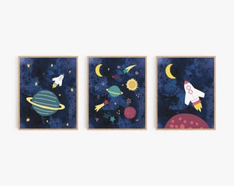 Space Wall Art - Kids Room Space Themed Art - Set of 3 - Choose Framed Prints or Unframed