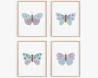 Butterfly Wall Art Set of 4 - Purple Blue and Green Nursery Prints - Choose Framed or Unframed