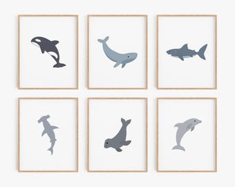 Ocean Animal Nursery Wall Art Set - Whale, Shark, Dolphin and Seal Prints - Blue and Gray Sea Life Decor