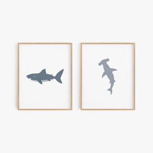 Shark nursery decor, Great white shark wall art, Hammerhead shark posters, Ocean theme bedroom, Boy&#39;s room decor, Digital downloads set of 2