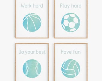 Sports Posters For Kids With Inspirational Words - Work Hard, Play Hard, Do Your Best, Have Fun - Kids Bedroom Wall Art - Framed or Unframed
