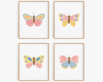 Butterfly Wall Art Set - Pink, Yellow, and Blue Prints for Girls Room - Choose Unframed or Framed Artwork