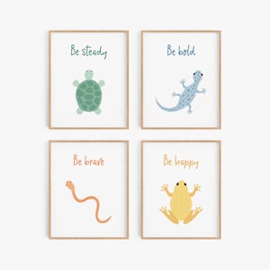 Baby boy nursery decor, Reptile theme nursery art, Colorful toddler bedroom print set, Green turtle, Blue lizard, Pink snake, Yellow frog