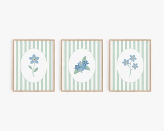 Preppy Nursery Wall Art - Vertical Stripe Blue and Green Floral Nursery Decor - Set of 3 Forget-Me-Not Flower Art Prints