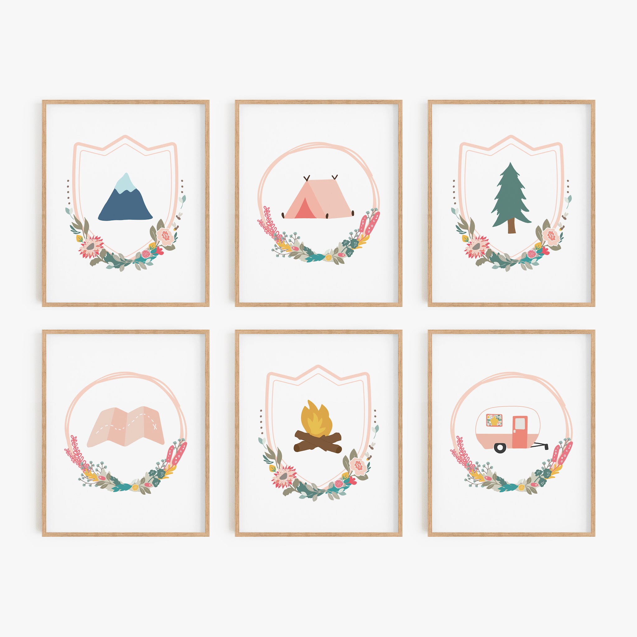 Adventure nursery prints for girl, Woodland nursery prints, Child camping wall art, Blush pink toddler room decorations, Boho girl bedroom