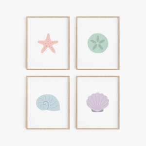 Decoración temática de playa, Niña de arte de guardería oceánica, Conjunto de estampado de conchas marinas en colores pastel, Arte de pared de guardería costera, Decoración de baño en el océano, Decoraciones de habitaciones para niños