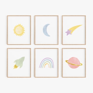 Danish pastel nursery art, Outer space art prints, Celestial themed decor, Toddler girl room decor, Playroom wall art, Little girls bedroom