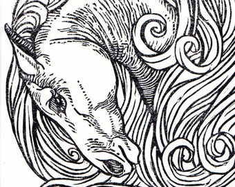 Linocut of a Horse Head in ornamental style