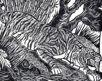 Linocut of a Tiger stalking in the Jungle