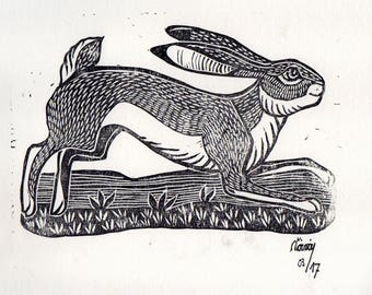 Linocut of a running Hare