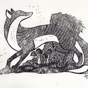 Linocut of a fox in front of a treestump image 1
