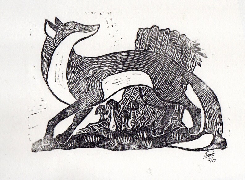 Linocut of a fox in front of a treestump image 1