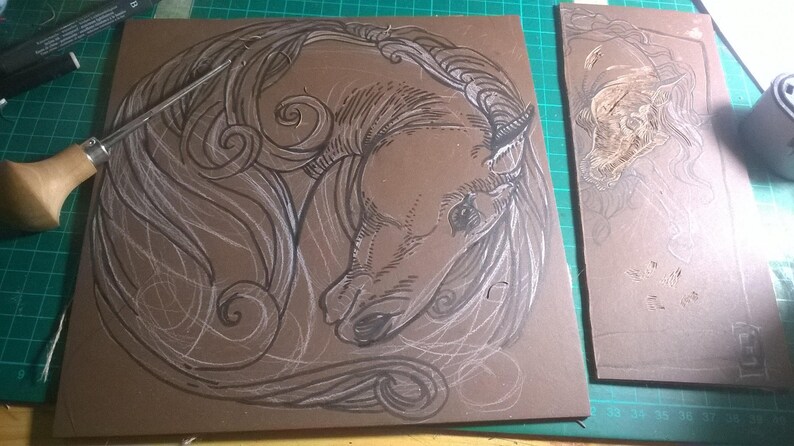 Linocut of a Horse Head in ornamental style image 2