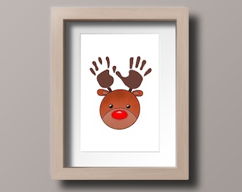 May include: A framed print of a reindeer with brown handprint antlers and a red nose. The reindeer is brown and has a white background.