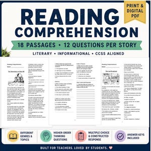 May include: A reading comprehension educational resource featuring 18 passages and 12 questions per story. The document includes literary and informational texts, CCSS alignment, higher-order thinking questions, multiple choice, and constructed response sections.