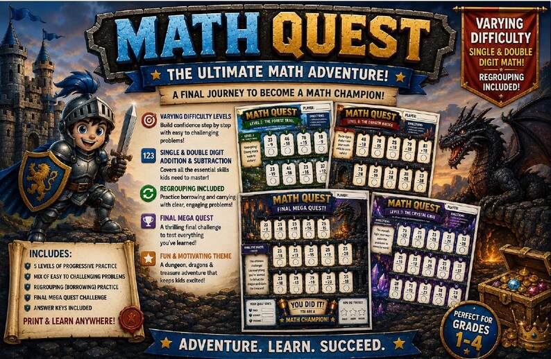 Knight Math Publishing Math Quest Printable Worksheet Bundle – Game-themed Addition ...