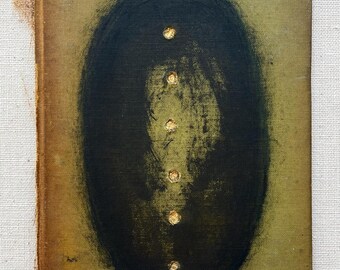 Original Vintage Abstract Painting, Black Oval Circle on Linen Board, Primitive Minimalist Art, Folk Art, Brutalist Artwork