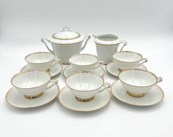 Early 20th Century Art Deco U.C. Limoges France Porcelain Tea Set, White & Gold, 14 Piece