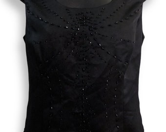 Vintage Kasper Black Beaded Embroidered Satin Sleeveless Petite Tank Blouse US Size 12P/L, Romantic Chic Spring Summer Classic Rare Top