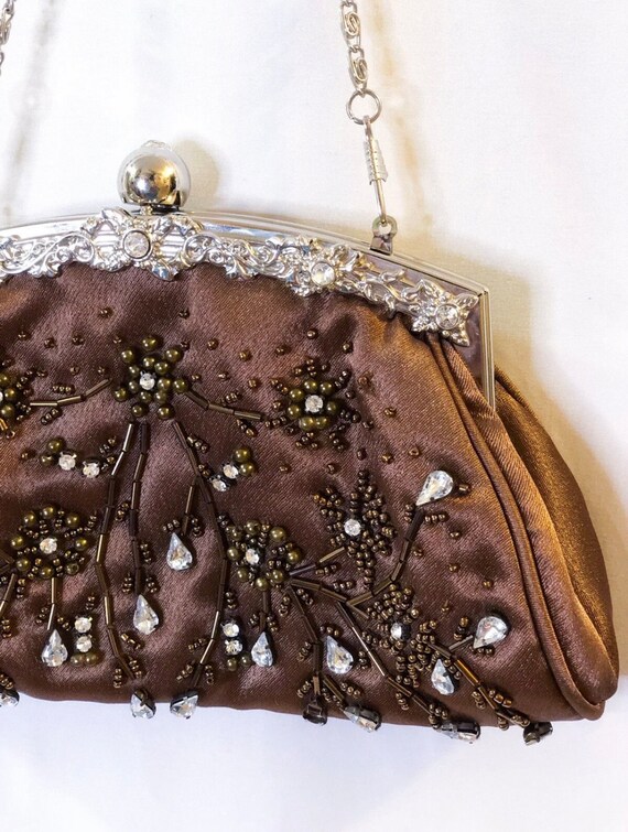 Vintage Brown Satin Silver Beaded Embroidered Cla… - image 6
