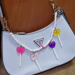 Handmade White Beaded Multicolor Heart Shaped Lollipops Pink Yellow Purple Candy Resin Faux Charms Chunky Accessories Chain Bag Charm