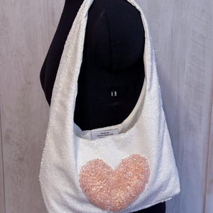 Handmade White Sequin Pink Beaded Heart Mini Shoulder Bag