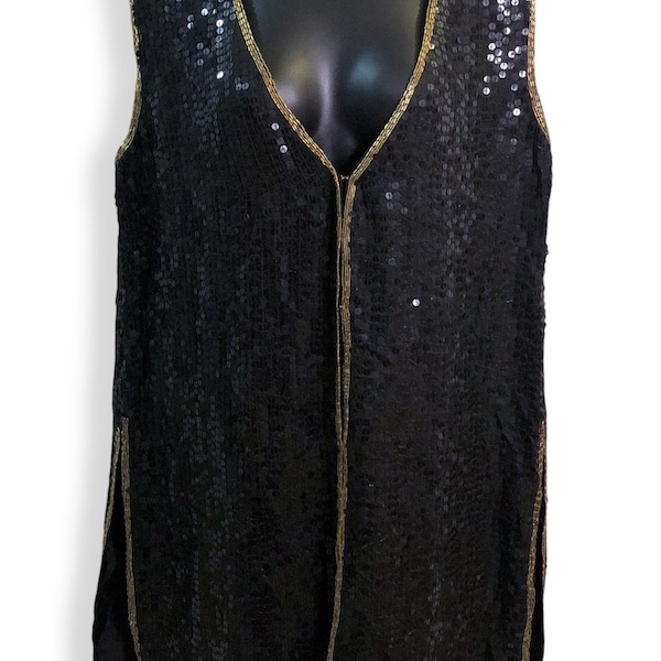 Vintage AJJU Black Gold Trim Beaded Sequin Pure Silk Vest Top, Retro 70s 80s Disco Classic Chic Rare