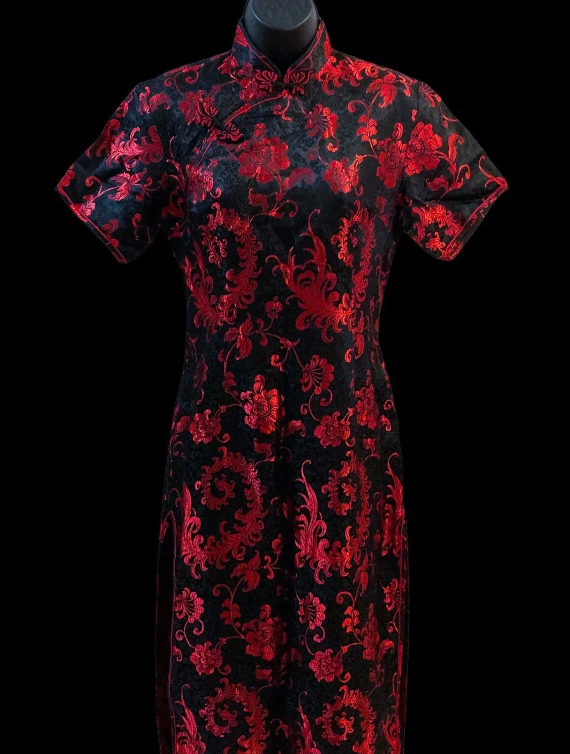 Vintage Classic Red Black Chinese Brocade Cheongsam Qipao