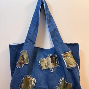 Handmade Blue Denim Green Camo Patches Frayed Deep Wide Xtra Large Tote Bag