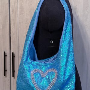 Handmade Light Baby Blue Sequin Pink Beaded Heart Shoulder Bag