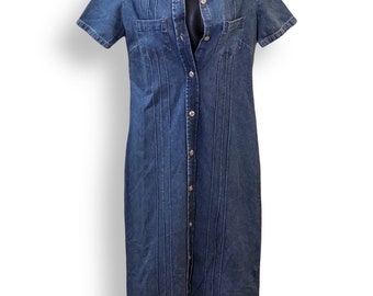 Vintage Denim Blue Medium Pleated Collared Short Sleeve Midi Dress US Size S, Classic Chic Retro Spring Summer Western Boho Jeans