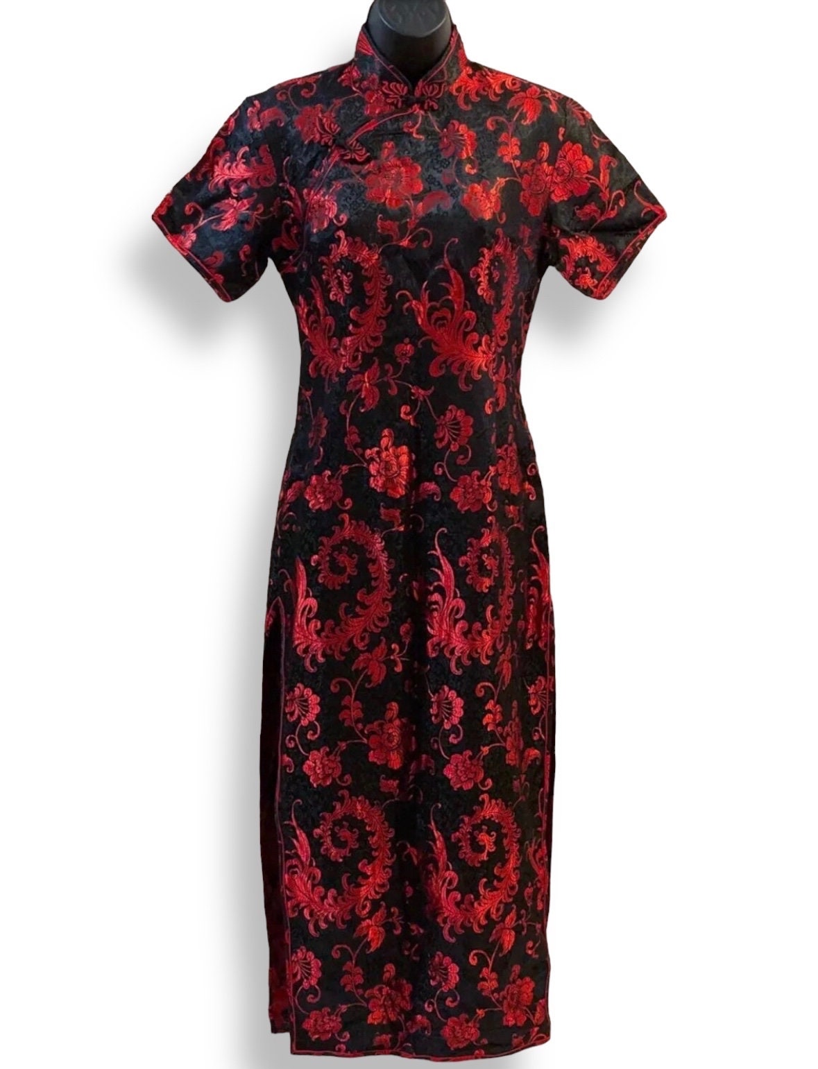 高価値セリー Red Classic Vintage Black Qipao Cheongsam Brocade Chinese ウォーキング・ランニングウェア