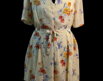 Vintage For You From Spiegel Light Yellow Multicolor Floral Flower Short Sleeve Layered V Neck Retro Midi Tea Party Length Dress Size 18/XL