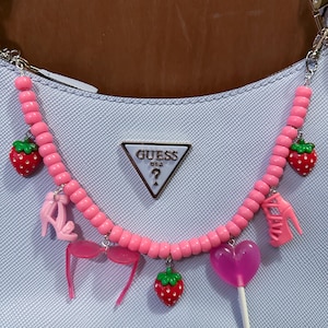 Handmade Pink Red Strawberry Candy Heart Lollipop Barbie Heels Sunglasses Summer Fun Shoes Beaded Silver Chunky Accessories Chain Bag Charm