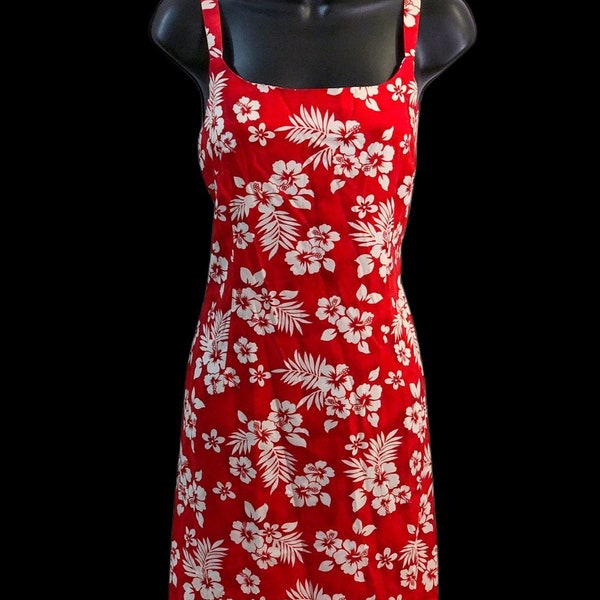 Vintage Aqua Blue Red White Hawaiian Hibiscus Floral Flower Tropical Vacation Island Beach Resort Summer Spring Sleeveless Mini Dress Size L