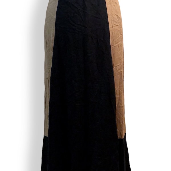 Vintage Soft Surroundings Beige Tan Black Color Block Midi Length Rayon Skirt US Size L, 90s Y2K Classic Chic Linen Spring Summer Vacation