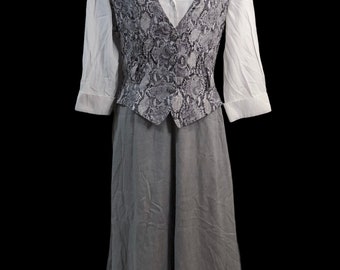 Vintage White Gray Snakeskin Animal Print Vest 80s Retro 90s Grunge Chic Fashion Style Statement Collared Skirt One Piece Dress US Size L/12