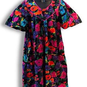 Vintage Black Pink Multicolor Floral Flower Smocked Short Sleeve Midi Tea Length Sun Dress Summer Dress US Size M 80s Retro Bohemian Boho