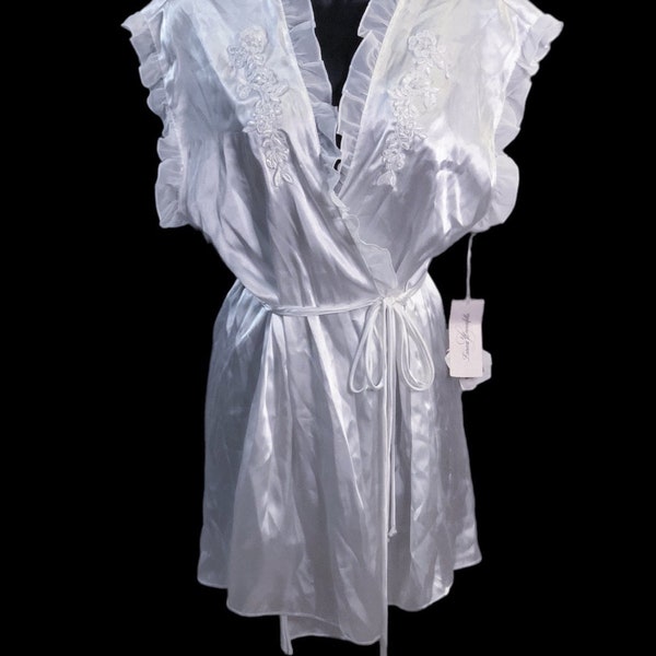 Vintage Linea Donatella White Beaded Ruffle Satin Wrap Robe Short Sleeve Mid Waist Blouse Top US Size L, Romantic Retro Classic Chic Rare