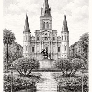 Puede incluir: Ilustración en blanco y negro de una catedral con torres y una estatua ecuestre. El dibujo muestra un parque con palmeras, bancos y farolas. Una representación arquitectónica clásica.