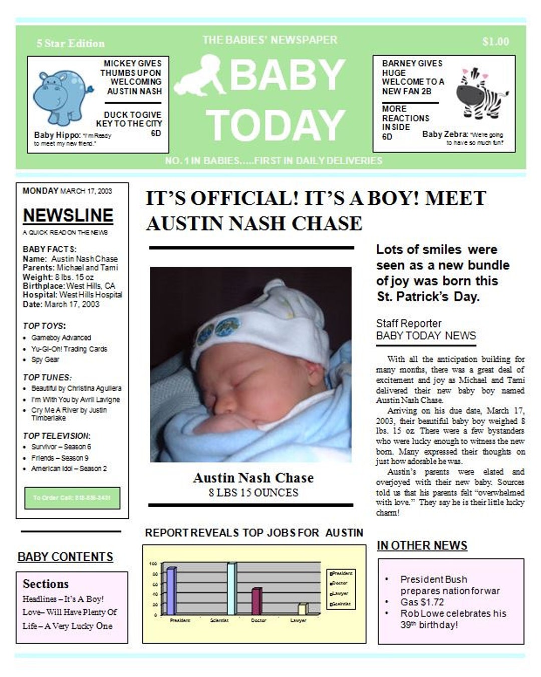 Baby Boy Newspaper Birth Announcement Keepsake Personalized Digital