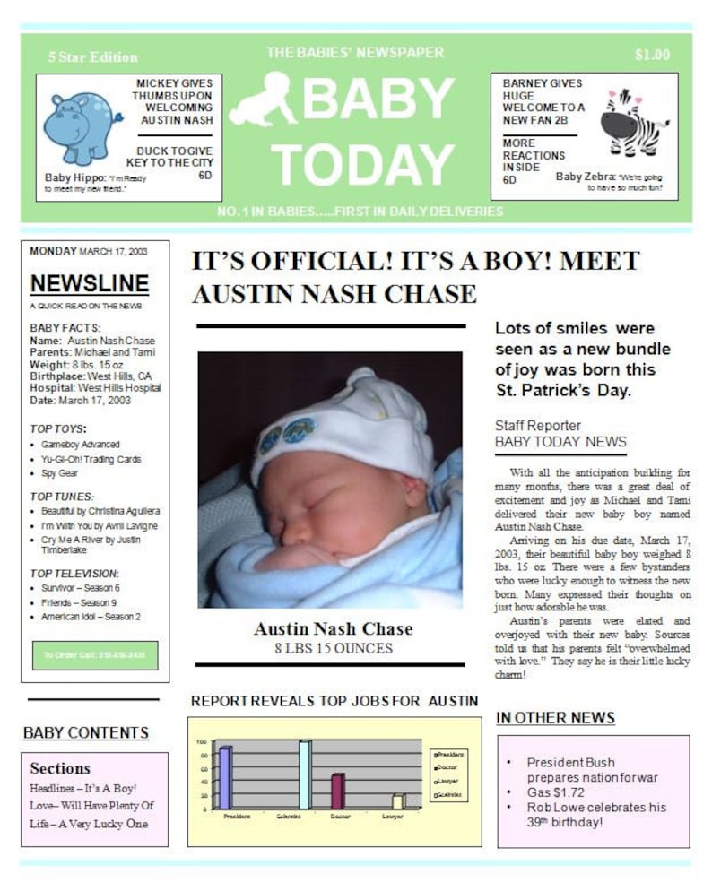 Baby Boy Newspaper Birth Announcement Keepsake Personalized Digital