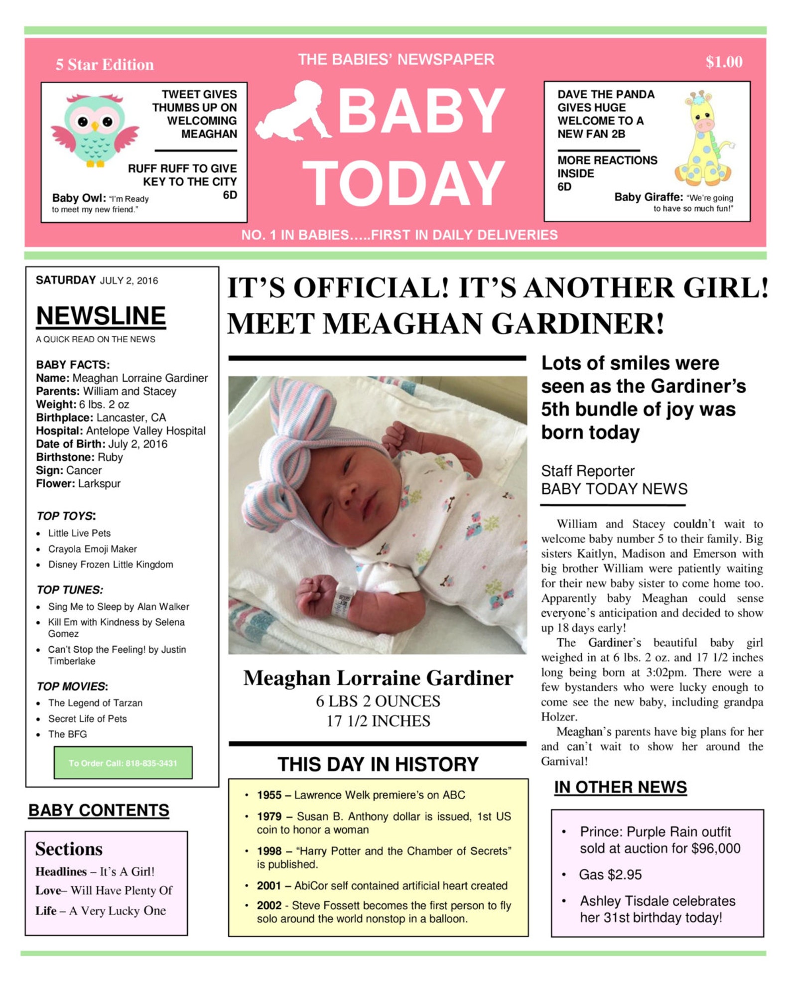 Baby Girl Newspaper Birth Announcement Keepsake Personalized Etsy