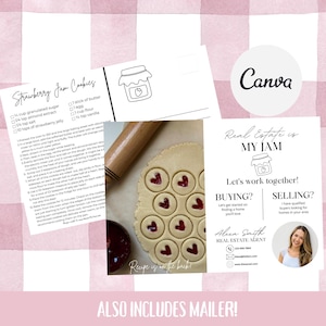 de Carte postale de l'immobilier | Modèle de toile de marketing pour agent immobilier | Carte recette de biscuits à la confiture de fraises | Impression modifiable