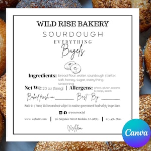 May include: An image of freshly baked sourdough everything bagels. The image includes a white label with the text "Wild Rise Bakery Sourdough Everything Bagels". The label lists ingredients, net weight, and allergens.