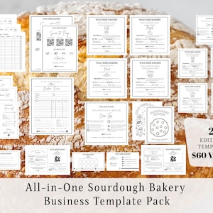 Könnte beinhalten: Eine Sammlung von 25 bearbeitbaren Schwarz-Weiß-Vorlagen für ein Sauerteigbäckerei-Unternehmen, darunter Bestellformulare, Preislisten und Pflegetipps. Die Vorlagen werden auf einem Brotlaib angezeigt. Der Text lautet "All-in-One Sourdough Bakery Business Template Pack".