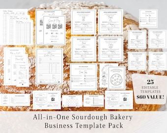 Peut inclure: Un ensemble de 25 modèles modifiables en noir et blanc pour une entreprise de boulangerie au levain, comprenant des formulaires de commande, des listes de prix et des conseils d'entretien. Les modèles sont affichés sur un pain. Le texte indique "All-in-One Sourdough Bakery Business Template Pack".