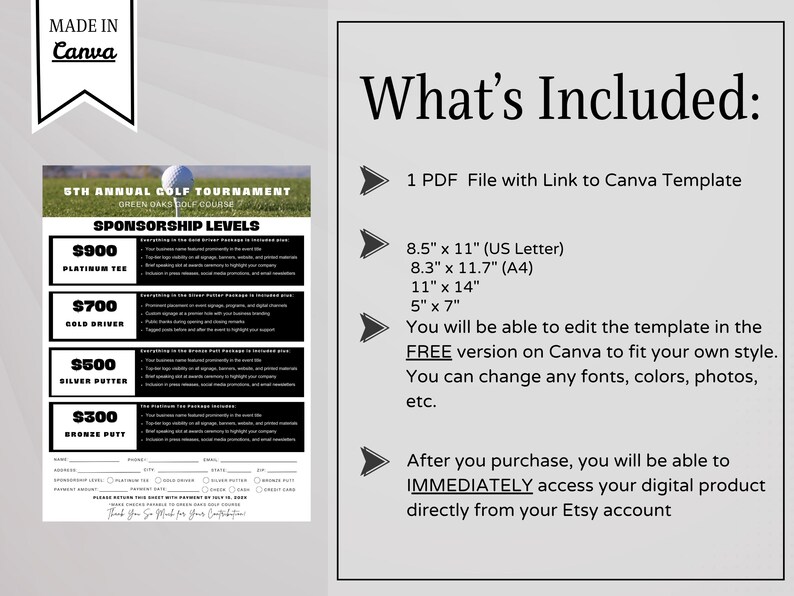 Editable Golf Sponsorship Form Template Canva Fundraiser Sponsor Sheet