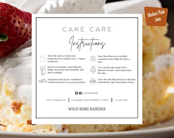 Carte d'instructions d'entretien des gâteaux, modèle modifiable pour les gâteaux, guide d'entretien imprimable, notice d'emballage de boulangerie